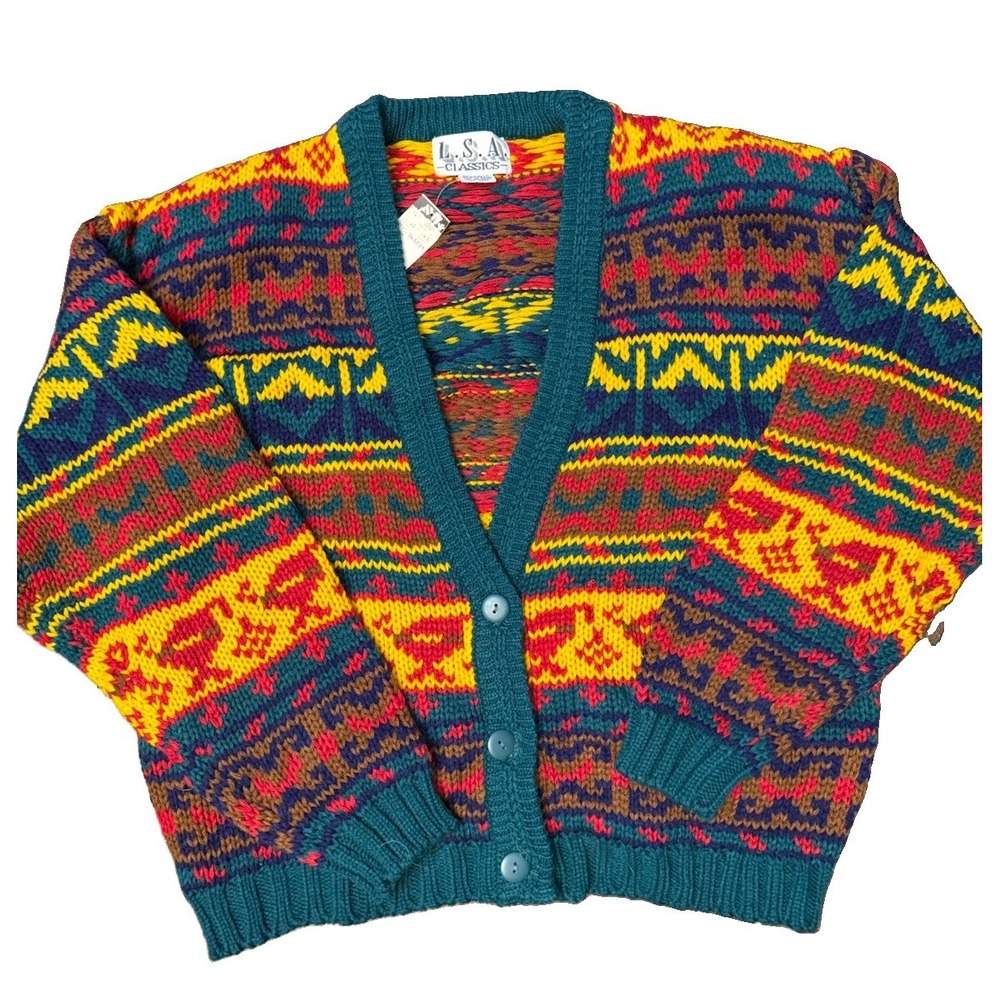 Vintage 90s LSA Classics Cardigan Sweater L NWT Southwestern Geometric Grandpa